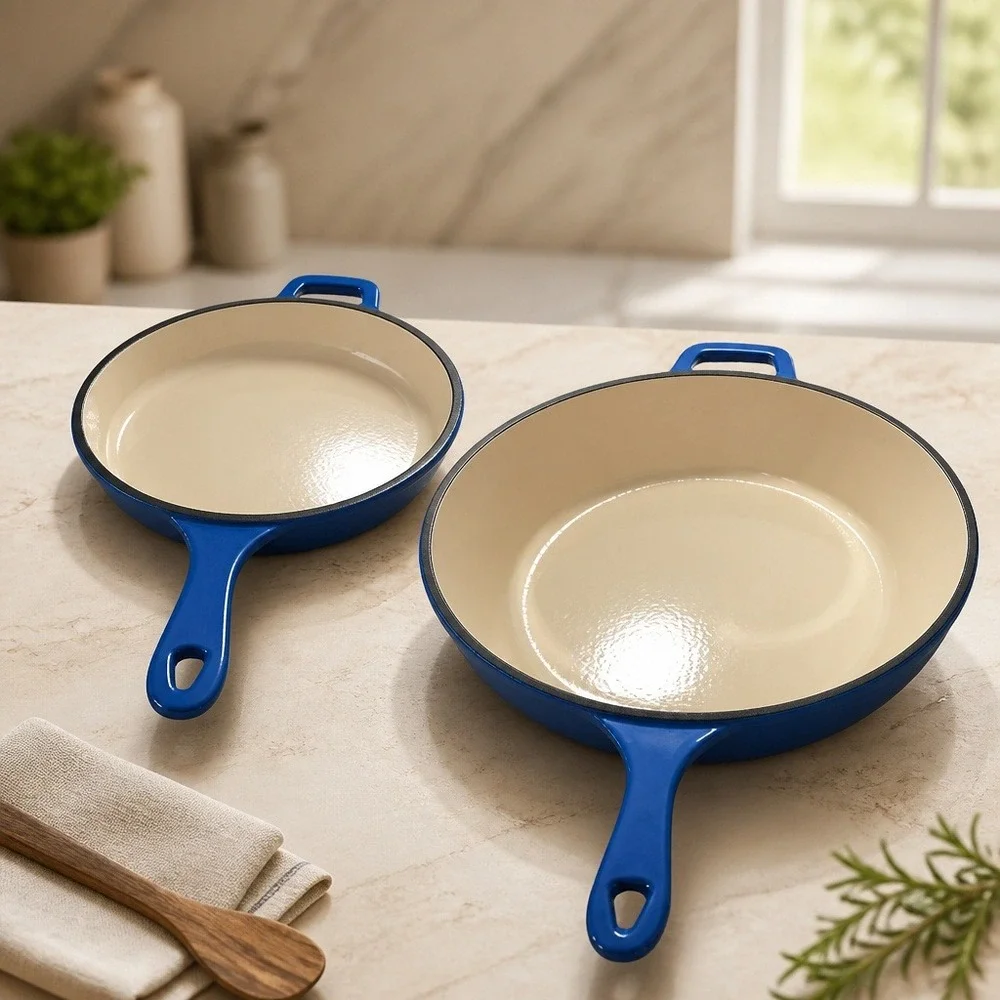 Blue Enameled Cast Iron Skillet Set 2 Piece Deep Pan and‎ Shallow Lid Skillet